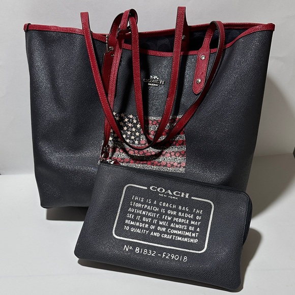 Coach Handbags - Coach Reversible Signature Logo Navy Tote with Red Trim & Detachable Pouch